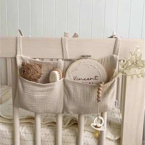 Cotton Baby Bedside Hanging Storage Bag,2 Pockets Organizer for Baby Cribs and Toys (Oatmeal) - color: Oatmeal