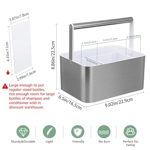 BYUNER Plastic Shower Caddy Dorm - Portable Bathroom Caddy Organizer with Handle and Divider for College Dorm & Shared Bathroom, Hard Shower Tote for Toiletry, Brushed Nickel White - color: Silver / White