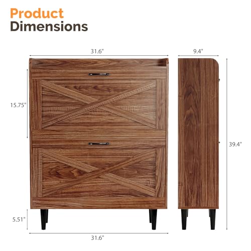 VINGLI Shoe Storage Cabinet for Entryway with 2 Flip Drawers, Ultra Slim Freestanding Entryway Shoe Organizer with Wood Tapered Legs,Hidden Closed Shoe Rack,31.6" W * 9.4" D * 39.4" H, Walnut - color: Walnut, size: 31.5"W 2 Drawers