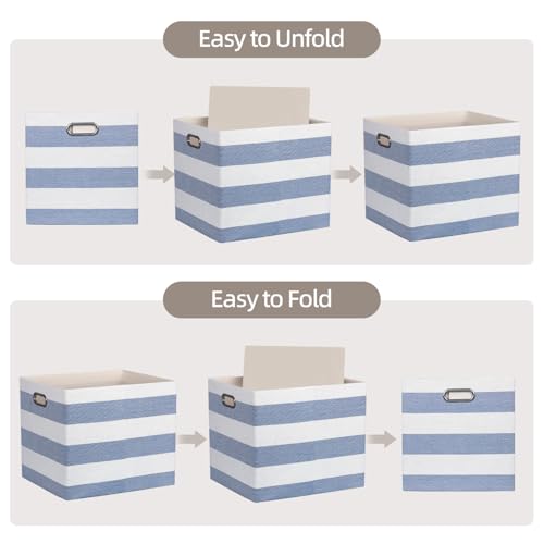 13x15x13 Storage Cube Bins, Foldable Storage Cubes, Fabric Organizer Basket Bin, Striped Containers Decorative Storage Boxes for Shelves Wardrobe Closet Home Office, 4 Pack, Blue/White - color: Blue/White
