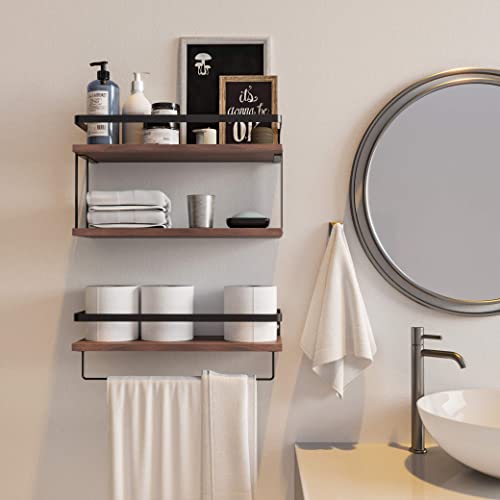 RICHER HOUSE 2+1 Tier Wall Mounted Floating Shelves Set of 2, Rustic Wood Shelf with Metal Frame, Extra Storage Rack for Bathroom, Kitchen, Bedroom with Tissue Rack & Towel Bar - Rustic Brown - color: Rucstic Brown, size: 2+1 Tier Size