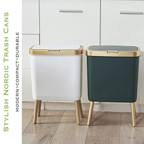 Procade Bathroom Trash Can with Lid, Plastic Garbage Can with Legs, 4 Gallon Gold Trash Bin with Push Button, Narrow White Trash Can Waste Basket for Bedroom, Living Room,Office，Dog Proof Trash Bin - color: White