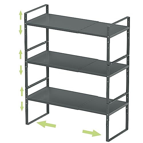Jojocross Expandable Stackable Spice Rack Cabinet Shelf Organizer in Cabinets Shelves Kitchen Cupboard Organization Stack up Racks Pantry Countertop Storage (Gun-Gray, Large 3 Packs G) - color: 3 Packs/Gun-gray, size: L:10.04"D x 16.6"W x 5.75"H
