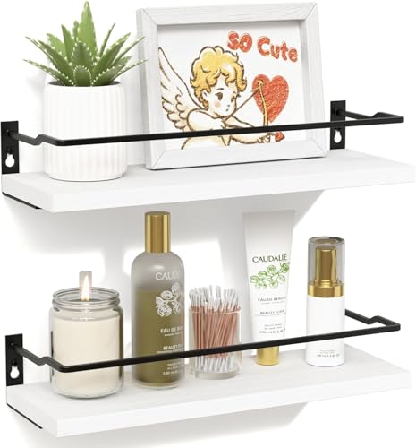 RICHER HOUSE White Bathroom Shelves, Small Floating Wall Mounted Shelf for Bathroom Decor, Guard-Rail Wood Shelving Organizer Over Toilet Kitchen Storage Shelves Set of 2 - White - color: White