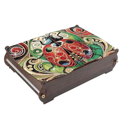 antor DIY Diamond Painting Wooden Storage Box, Ladybug Creative Special Shaped Rhinestone Art Flip Cover Decorative Money Box, Handmade Art Desktop Decorations Gift for Adults - color: Ladybug