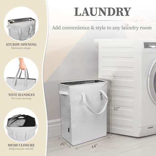 Brookstone Slim Laundry Hamper Bag with Handles, Linen Canvas Laundry Bag with Closable Mesh Top for Dorm Room Storage