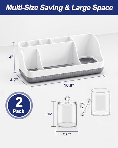 Bathroom Counter Organizer and Storage with 2 Pack Qtip Holder Dispenser, 7 Slots Detachable Toothbrush Holders for Bathrooms, Anti-Slip Electric Toothbrush and Toothpaste Holder Countertop - color: Whitegrey Sets