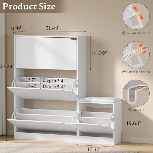 BORNOON Shoe Cabinet with Bench and 3 Flip Drawers, Slim Narrow Shoe Storage Cabinet, Freestanding Shoe Rack Organizer with Adjustable & Removable Shelves, Anti-Tip for Entryway, Hallway, Foyer - color: White, size: 3-Drawer - Bench