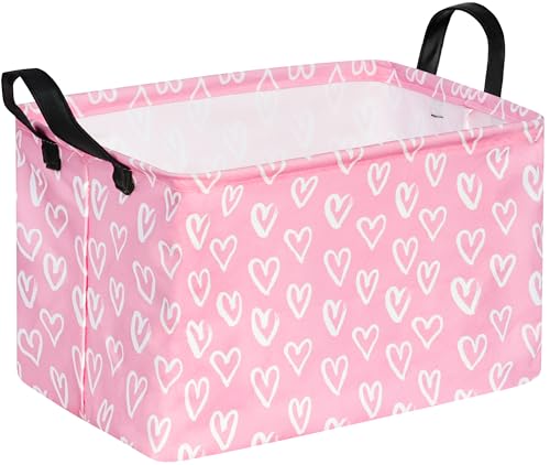 Rec Heart Print Box Hamper Storage Basket Collapsible Organizer Bin Gift Shelf Baskets for Home and Kitchen Storage - color: White simple love