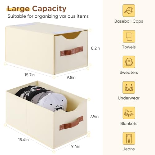 2 Pack Stackable Storage Drawers, Fabric Closet Organizers and Storage with Handles and Clear Window, Pull-Out Clothes Storage Bins with Drawer for Closet, Bedroom, Living Room, Under Bed, Beige - color: Beige, size: 2 Pack