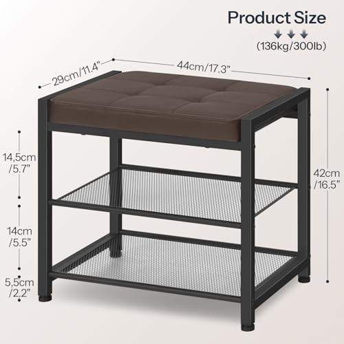 HOOBRO Small Shoe Bench, 3-Tier Shoe Rack, Shoe Storage Bench with PU Seat Cushion, Entryway Shoe Rack Bench with Metal Mesh Shelves, Freestanding Shoe Organizer for Hallway, Brown CB33HX01 - color: Brown + Black