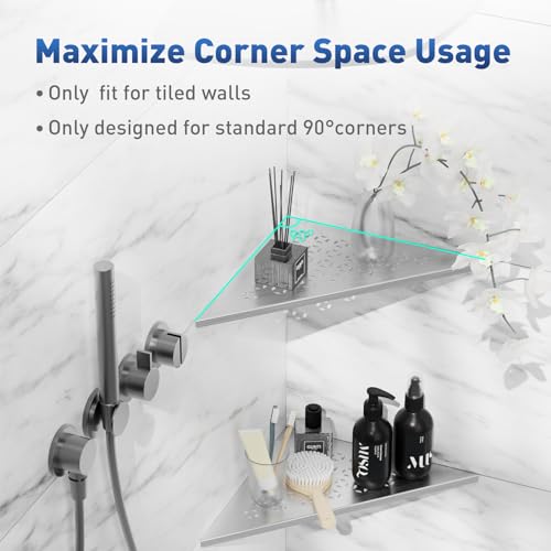 lives Corner Shower Shelf 10" Slot Design Bathroom Shower Shelves for Tiled Wall, 304 Stainless Steel Recessed Organizer Corner Shelves for Inside Shower Decor, Silver, 2 Pack - color: Silver-star Pattern, size: Triangle-2pcs