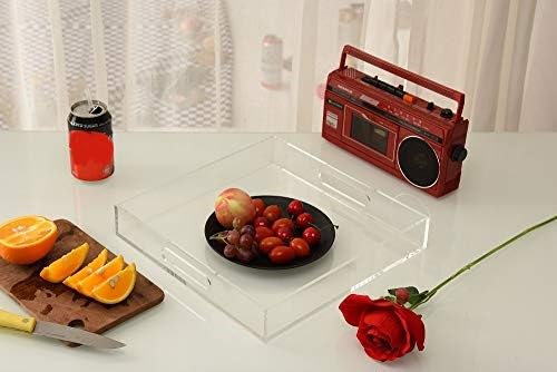 Clear Sturdy Acrylic Serving Tray with Handles - 12x12Inch - Coffee, Appetizer, Breakfast, Butler Tray - Kitchen Countertop & Makeup Drawer Organizer - color: Clear, size: 12" x 12" x 2"