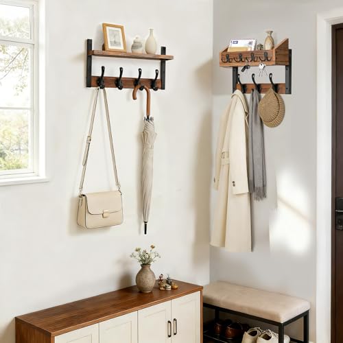 Coat Rack Wall Mount with Shelf, 29 inch Entryway Wall Shelf with 11 Metal Hooks, 4 in 1 Coat Hanger and Key Holder Wall Mount with Mail Organizer for Living Room, Bedroom