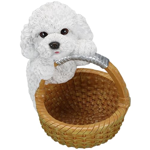 Trinket Tray & Key Holder Bowl for Vanity Dresser Featuring White Poodle - Dog Statue Catchall Storage & Candy Basket - Aesthetic Animal Figurine Home Accent - color: Poodle Holding Basket - White, size: Poodle