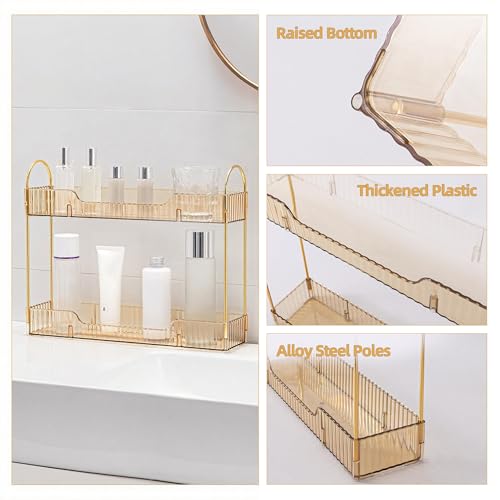 YCIA&DONE 2 Tiers Narrow Vanity Makeup Organizer, Bathroom Organizers Countertop Slim, Perfume Holder Skincare Storage Cosmetic Shelf Spice Rack, for Small Desktop Counter Space, Amber Gold - color: Amber Gold