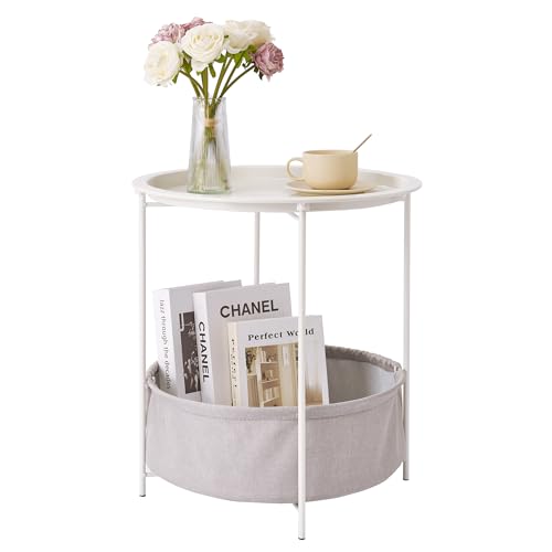 VECELO Round Side/End Table with Fabric Storage Basket，Metal Anti-Rust and Waterproof Small Bedside Nightstand with Removable Tray Top for Living Room，Balcony & Laundry，Beige/1pcs with Basket - color: Beige, size: 1 PCS with Basket