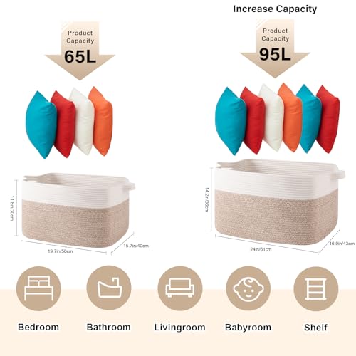 65L Cotton Rope Large Blanket Basket (19.7"x15.7"x11.8") for Living Room, Kids Room & Laundry, Storage Basket with Handle for Organizing Blankets, Pillows, Clothes & Toys, Brown & White - color: Brown & White, size: 19.7"x15.7"x11.8"