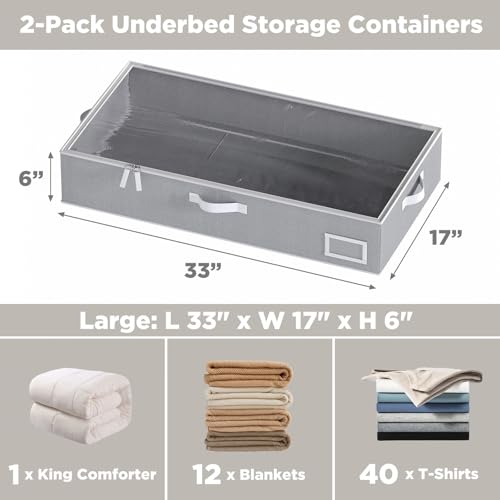 Under Bed Storage, Under Bed Storage Containers Bins for Clothes, Large Linen Underbed Closet Organization Bins, 2 Pack Collapsible Underbed Bin Dorm for Clothes, Sweater, Gray - color: Gray, size: 33"L x 17"W x 6"H