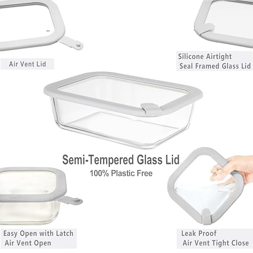 Glass Food Containers with Glass Lid, Microwave Safe Food Storage Container Set, 4 Pack, Airtight Storage Set with Leak Proof Lids, Meal Prep Containers - color: Grey-J4R