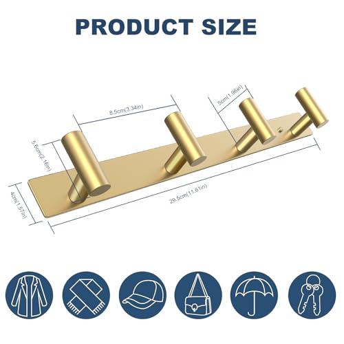 VAEHOLD Hat and Coat Wall Mount Rack - Hooks for Robes, Bags, Keys, and Towels - Bathroom Towel Hanger Organizer (Gold, “T“ Shape 4 Hooks 1 Pack) - color: Gold, size: “T“ Shape 4 Hooks 1 Pack