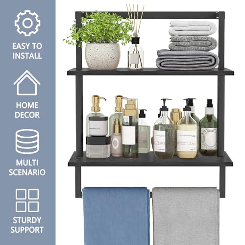 Wall Mounted Towel Rack for Bathroom, Bath Storage Holder 3-Tier Steel Wood Towel Shelf with Bar, Black - color: Black