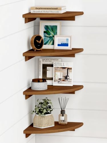 Forbena Walnut Brown Floating Corner Shelves for Wall 4-Pack, Small Corner Wall Shelves for Kids Room, Cute Wooden Hanging Corner Shelf for Bedroom Bathroom Decor, Living Room, Small Spaces - color: 2. Walnut, size: 10" Depth
