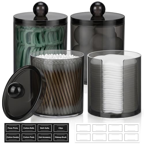 4 Pcs, Acrylic Qtip Holder Dispenser for Cotton Swab, Ball, Round Pads, Floss Picks - Clear Plastic Apothecary Jar Set, Bathroom Canister Decor Storage Accessories, Vanity Makeup Organizer, Black - color: Black, size: 4