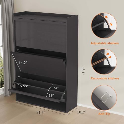 GarveeHome Shoe Cabinet with 3 Flip Drawers, Wooden Shoe Organizer Cabinet with Adjustable Shelf, Shoe Storage for Entryway, Hidden Shoe Cabinet for Hallway, Living Room, Black - color: Black, size: 3-Drawers