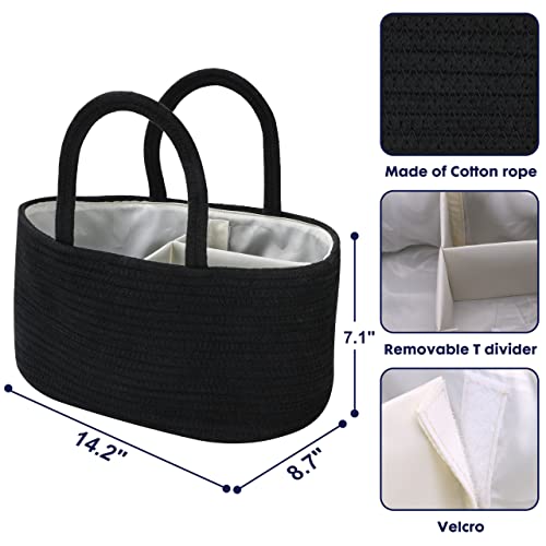 Baby Diaper Caddy Organizer for Girl Boy Cotton Rope Nursery Storage Bin Basket Portable Holder Tote Bag for Changing Table Car Travel Baby Shower Gifts Newborn Essentials Registry Must Haves Black - color: Black, size: Regular