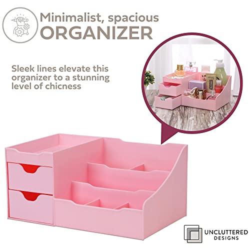 Uncluttered Designs Makeup Organizer With Drawers - Cute Kawaii Countertop Storage for Cosmetics, Pretty Vanity Holder for Perfume, Skincare, Brush, Lipstick, Nail Polish and other Accessories (Pink) - color: Pink