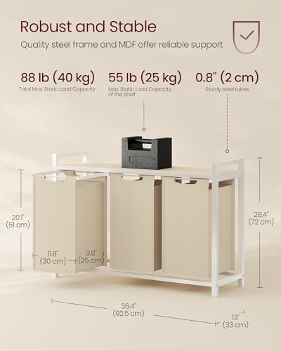 VASAGLE Laundry Hamper, Laundry Basket Sorter with 3 Pull-Out and Removable Bags, Shelf, Metal Frame, 3 x 10.6 Gallons (40 L), 36.4 x 13 x 28.4 Inches, Cappuccino Beige and Natural Beige UBLH301LH01 - color: Cappuccino Beige + Natural Beige, size: 3 Bags