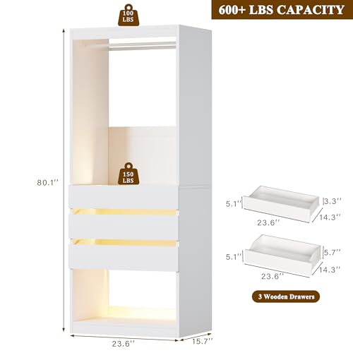 HUAHUU Freestanding 2FT Closet System with 3 Wood Drawers & Glasstop, 24" Closet Organizer System with Hanging Rod & LED Lights, Walk-in Closet Systems for Small Closets, White (24"L x 16" W x 80" H)