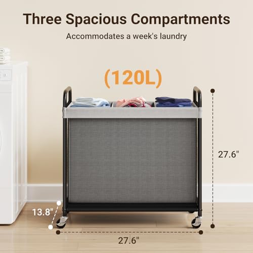 ELYKEN Laundry Hamper 3 Section, 120L Rolling Laundry Sorter with Removable Liner Bag, Laundry Basket with Wheels, Steel Frame with Metal Handle, Clothes Hamper Cart for Laundry Room & Bedroom - color: Gray, size: 3-Section