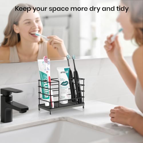 Toothbrush Holder with Quick Drying Mat—Toothbrush and Toothpaste Holders for Bathrooms—5 Slots Openwork Design Black Toothbrush Holder Set,Bathroom Counter Organizer for Electric Toothbrush - size: Large