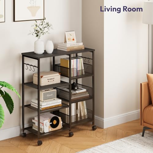SWTYMIKI Kitchen Island Cart on Wheels - 4 Tier Rolling Kitchen Table Cart with Storage Shelves, 6 Removable Hooks& Locking Casters, Coffee Bar Cabinet for Dining Room Pantry Office, Black - size: 28x11.81in, style: Black
