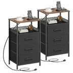 JARHETUN Nightstand Set of 2, Night Stands with Charging Station, 26.4 Inch Tall Bedside Table with Metal Shelf, Modern Side End Table with 3 Fabirc Drawers, Small Dresser for Bedroom, Rustic Brown - color: Rustic Brown, style: Power