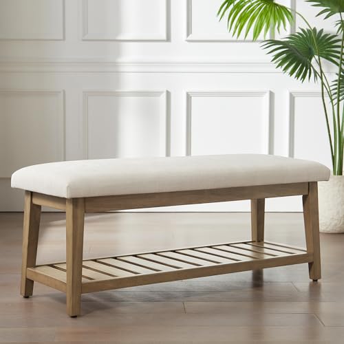 Zihanhome Entryway Bench, Chenille Upholstered Shoe Benches for Bedroom, Ottoman Bench with Solid Wood Shelf, Storage Benches for Hallway, Living Room(Beige) - color: Beige