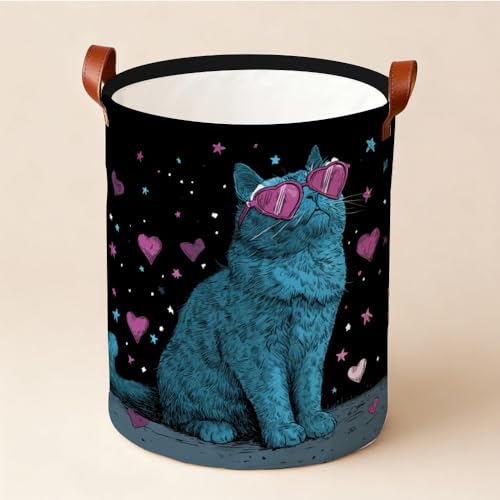 Laundry Basket 15.75 x 15.75 x 19.7 Inch Oxford Fabric Clothes Hamper with Blue Cat in Sunglasses Design Foldable Storage Bin with Handles for Bedroom Bathroom Dorm and Laundry Room Décor - color: Colorful588