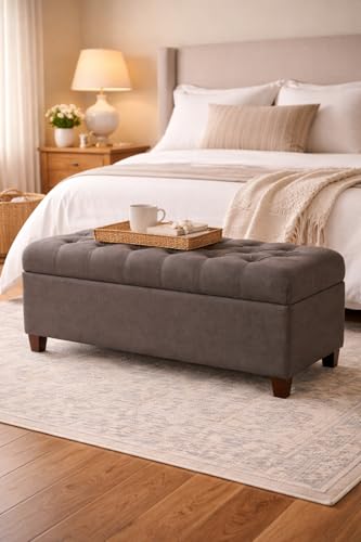 Homepop Home Decor | Tufted Ainsley Button Storage Ottoman Bench with Hinged Lid | Ottoman Bench with Storage for Living Room & Bedroom, Charcoal Gray 18x40x18 inches - color: Charcoal Gray