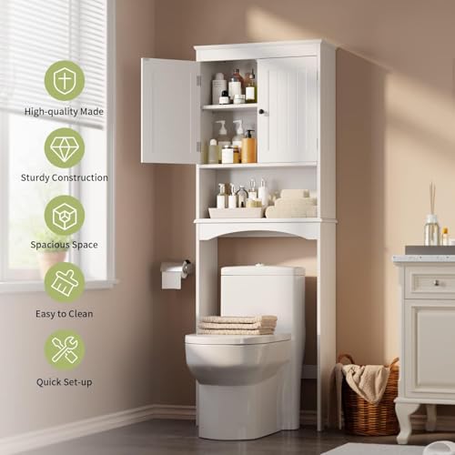 Gizoon Over the Toilet Storage Cabinet with Adjustable Shelf and Double Doors, Bathroom Space Saver Organizer Above Toilet with Open Shelf, Taller Wooden Free Standing Toilet Rack -White - color: White
