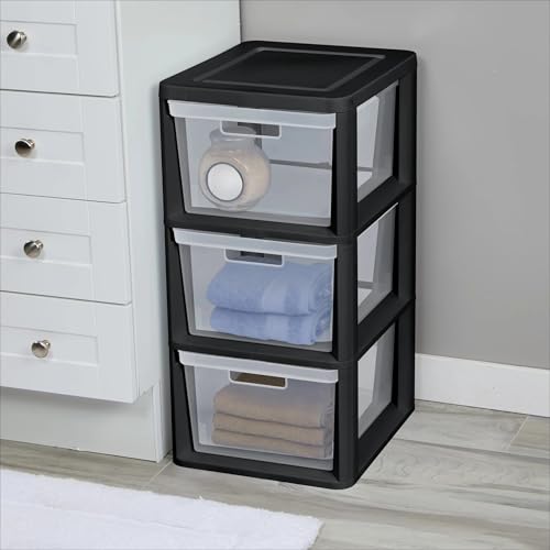 Plastic Drawer Wide Tower Plastic Storage Cart with Clear Pull Out Drawers, Black (Black, 3 Drawer Wide Tower) - color: Black