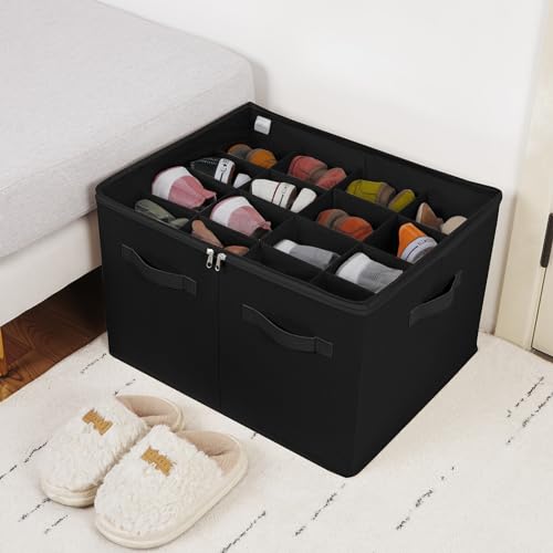 TOPIA HOME Shoe Organizer for Closet, Foldable Shoe Box with Adjustable Dividers and Clear Cover, Space Saving Shoe Storage Organizer Cabinet with Reinforced Handles, Fits 16 Pairs, Black, TP09B - color: Black, size: Large(20.87''L x 16.54''W x 13.5''H)