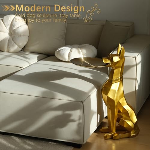 3D Large Dog Sculpture Tissue Box Cover & Key Holder Stand – Golden Resin Side Table, Multipurpose Entryway Organizer with 11.8" Detachable Tray, Cute Door Side Art Ornaments Living Room Figurine