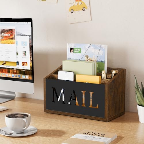 YINMIT Mail Organizer Countertop, Mail Holder with 3 Compartments, Mail Holder Sorter for Desk, Mail Organizer Wall Mounted, Countertop Desk Office Accessories Organizer for File Paper Folder - color: Rustic Brown - Style B, size: 3-Slot
