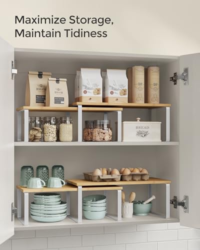 SONGMICS Cabinet Organizer Shelf, Set of 2 Kitchen Counter Shelves, Kitchen Storage, Spice Rack, Stackable, Expandable, Metal and Engineered Wood, Cloud White and Natural Beige UKCS200W01 - color: Cloud White + Natural Beige, size: 15.6"W
