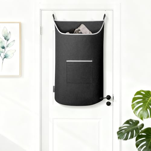 SAVERHO Black Hanging Laundry Hamper Bag, XL Door Hanging Hamper with Large Openging Laundry Hamper Storage Bag Large Size 36X22 Inch (Black) - color: Black