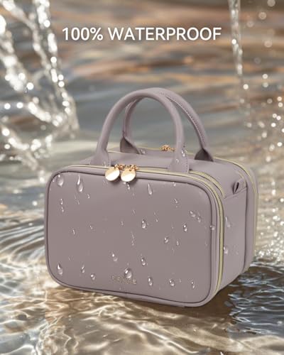 Prite Makeup Bag for Women, Large Capacity Waterproof Travel Cosmetic Organizer, Portable Open Flat Toiletry Bag with Free-standing Brush Holder and Handle(Purple Meidum) - color: Purple, size: Medium
