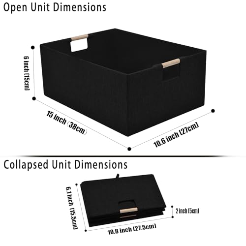 xianshengle Fabric Storage Basket for Shelves, Collapsible Storage Bins with wood Handles, Rectangle Closet Baskets, Wardrobe Organiser, for Sorting Clothes, Family Items (Black) (1)