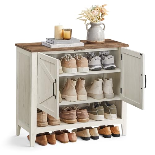 VASAGLE LIRY Collection - Shoe Cabinet, 3-Tier Storage Organizer, Shoe Shelf, Farmhouse Freestanding Cabinet, Height-Adjustable Shelf, 13.8 x 31.5 x 27.6 Inches, Rustic White ULBC038W01 - color: Rustic White, size: 13.8"D x 31.5"W x 27.6"H, style: 3-Tier